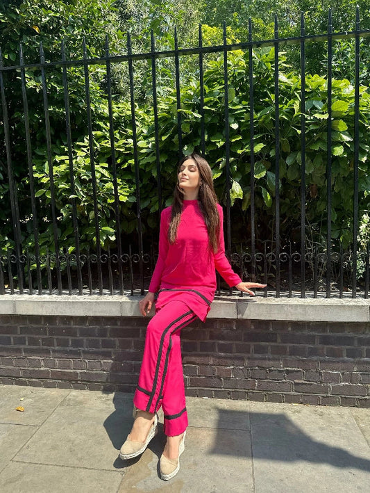 Picture of Manahils - Pink Co-Ord Set With Strip - Available at Raja Sahib