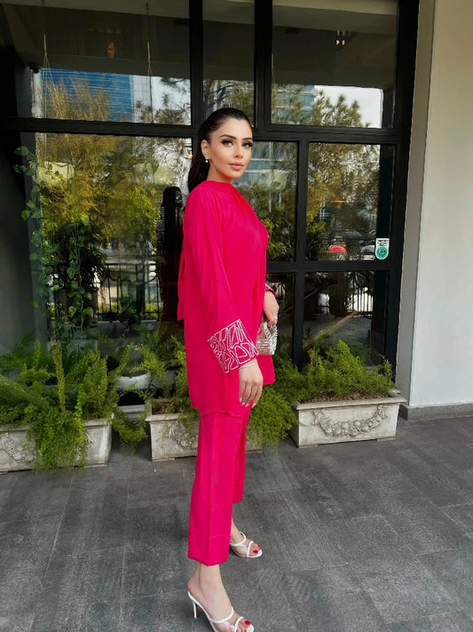 Picture of Manahils - Pink Embroidered Knot Set - Available at Raja Sahib