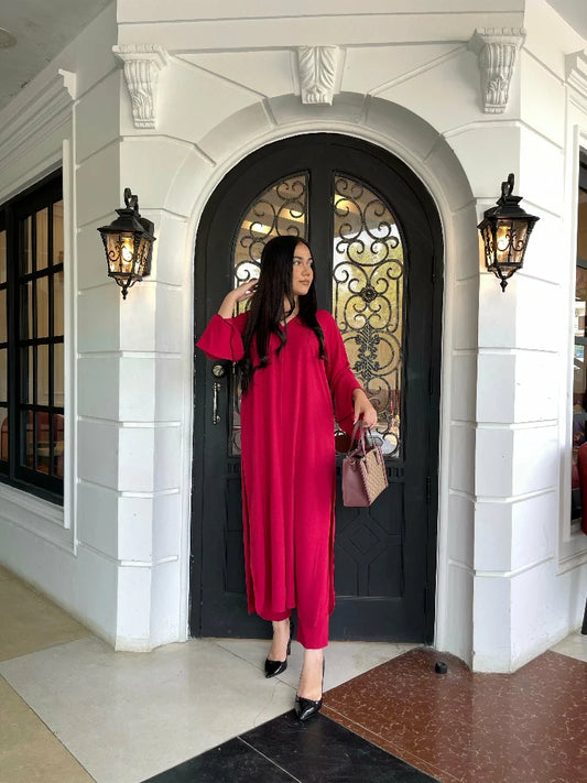 Picture of Manahils - Tunic V Neck Pleated Blood Red Two Pc - Available at Raja Sahib