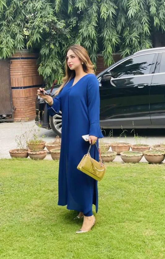 Picture of Manahils - Tunic V Neck Pleated Blue Two Pc - Available at Raja Sahib