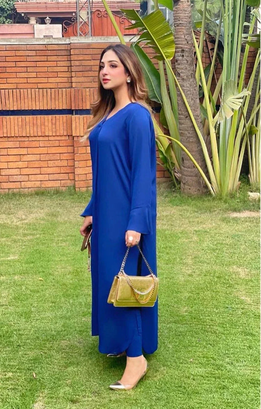 Picture of Manahils - Tunic V Neck Pleated Blue Two Pc - Available at Raja Sahib