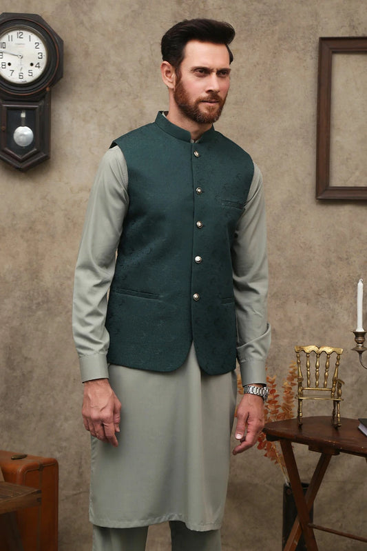 Picture of Maqsood Garments - Green Jamawar Men's Waist Coat - Available at Raja Sahib