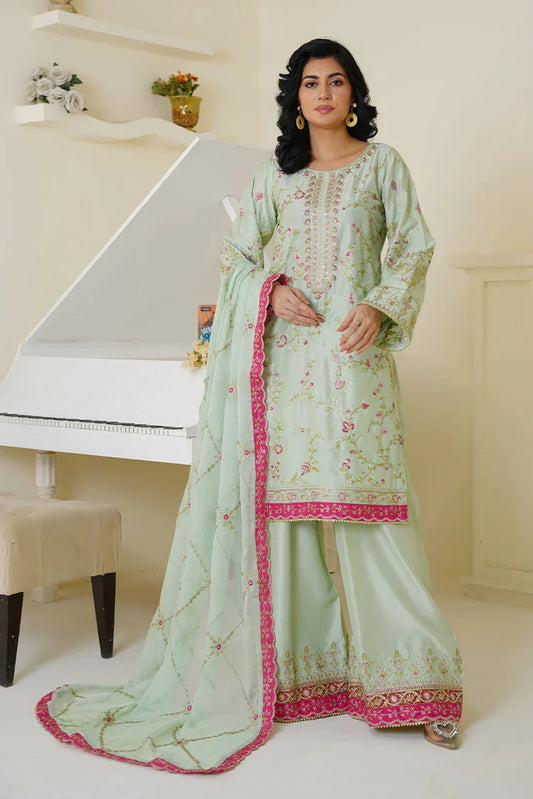 Picture of Threads & Weaves - Embroidered Viscose 3 Piece Suit - Mint Green & Pink - Available at Raja Sahib