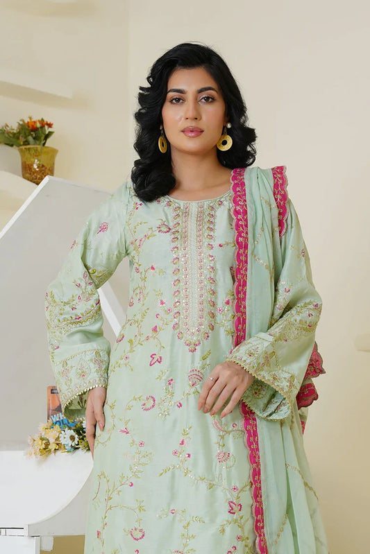 Picture of Threads & Weaves - Embroidered Viscose 3 Piece Suit - Mint Green & Pink - Available at Raja Sahib