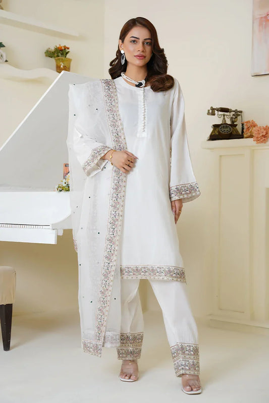 Picture of Threads & Weaves - Embroidered Viscose 3-Piece Suit - Ivory White - Available at Raja Sahib