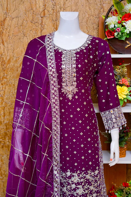 Picture of Saira Sultana - Long Shirt Plazo - Mahrosh - Plum - Available at Raja Sahib