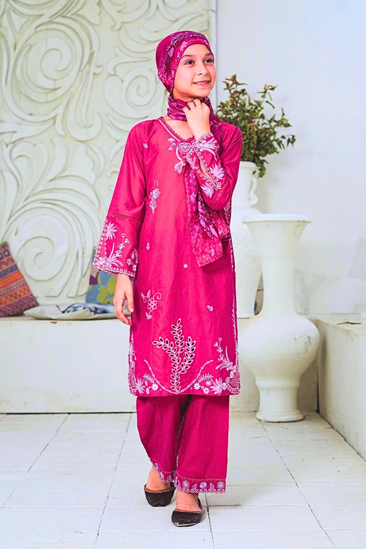 Suntex Fabrics - 3 Piece Girls Lawn Embroidered Suit - Magenta Blossom