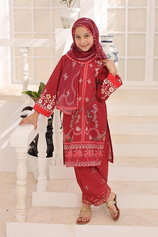 Suntex Fabrics - Maroon Printed Lawn Suit - 3 Piece