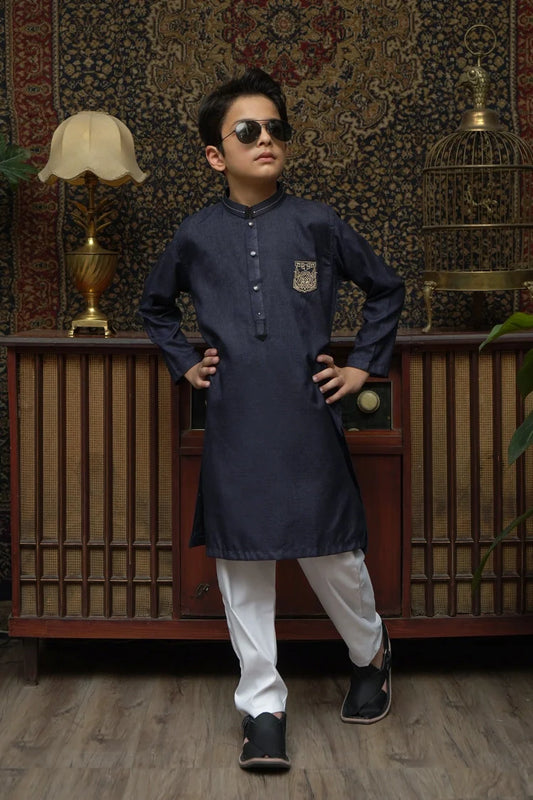 Picture of Maqsood Garments - Patched Kid's Wash & Wear Kurta - Navy Blue - Available at Raja Sahib