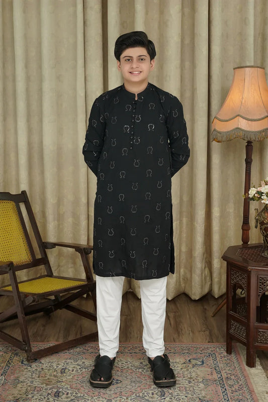 Picture of Maqsood Garments - Embroidered Kid's Kurta - Black - Available at Raja Sahib