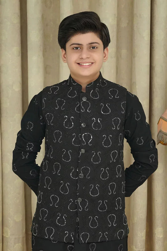 Picture of Maqsood Garments - Sequence Embroidery Kid's Waistcoat - Black - Available at Raja Sahib