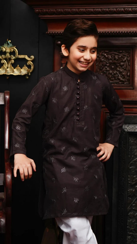 Picture of Maqsood Garments - Embroidered Kid's Kurta - Chocolate Brown - Available at Raja Sahib