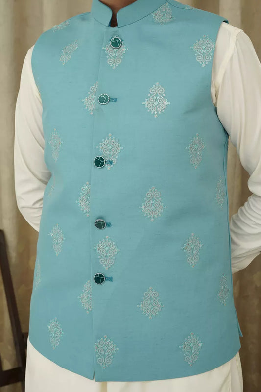 Picture of Maqsood Garments - Embroidery Kid's Waistcoat - Ferozi - Available at Raja Sahib