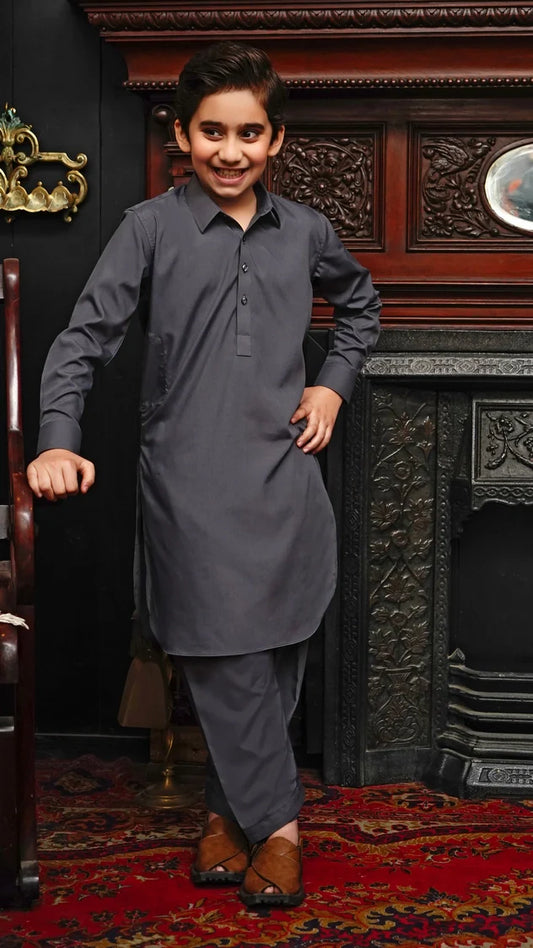 Picture of Maqsood Garments - Collar Kid's Wash & Wear Kameez Shalwar Gray - Available at Raja Sahib