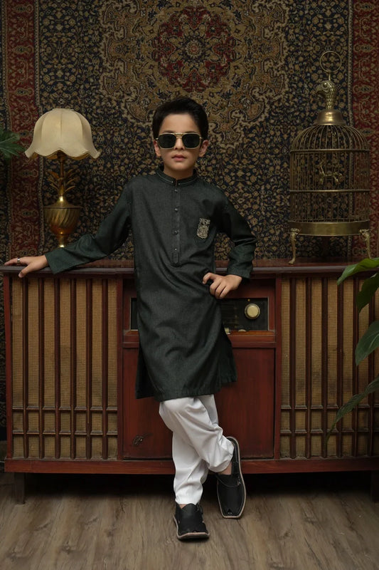 Picture of Maqsood Garments - Patched Kid's Kurta - Dark Green - Available at Raja Sahib