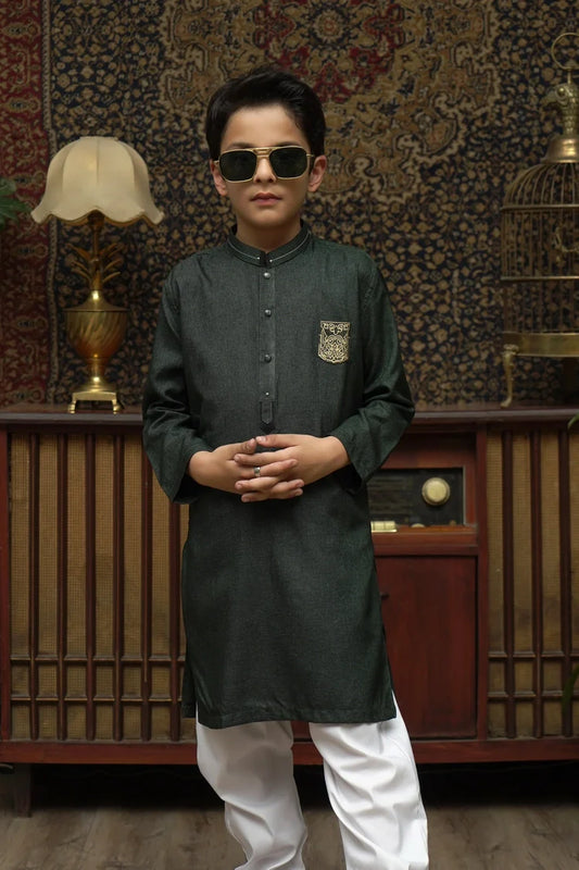 Picture of Maqsood Garments - Patched Kid's Kurta - Dark Green - Available at Raja Sahib