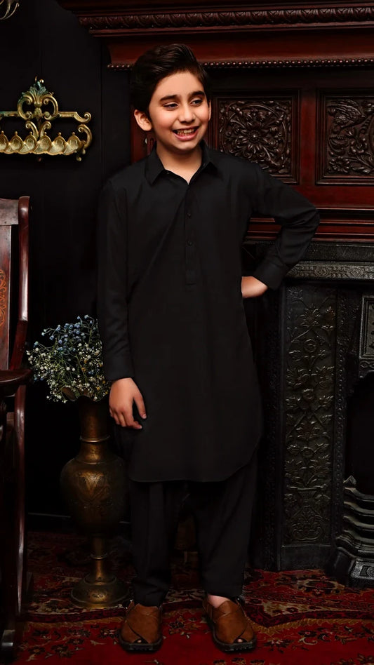 Picture of Maqsood Garments - Collar Kid's Wash & Wear Kameez Shalwar - Jet Black - Available at Raja Sahib