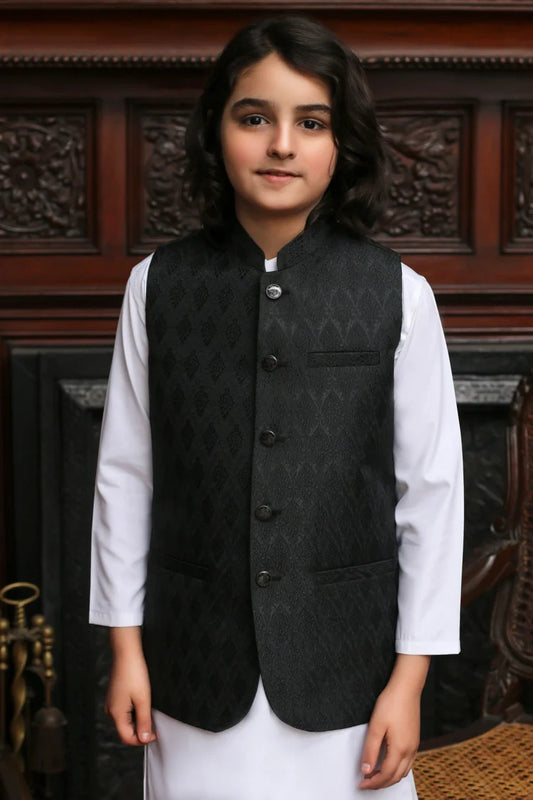 Picture of Maqsood Garments - Jamawar Kid's Waistcoat - Black - Available at Raja Sahib