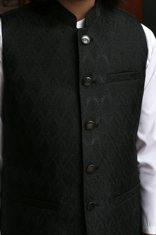 Picture of Maqsood Garments - Jamawar Kid's Waistcoat - Black - Available at Raja Sahib