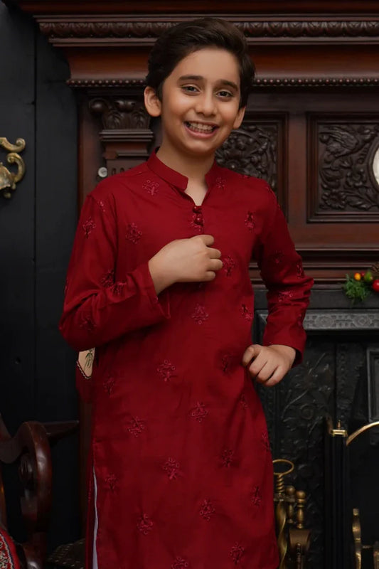 Picture of Maqsood Garments - Embroidered Kid's Cotton Kurta - Red - Available at Raja Sahib