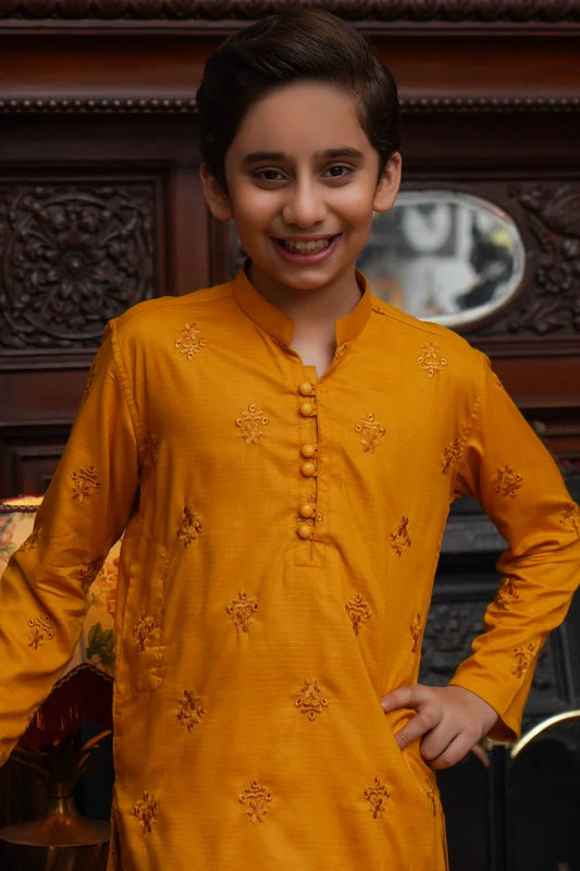 Picture of Maqsood Garments - Embroidered Kid's Kurta - Mustard - Available at Raja Sahib