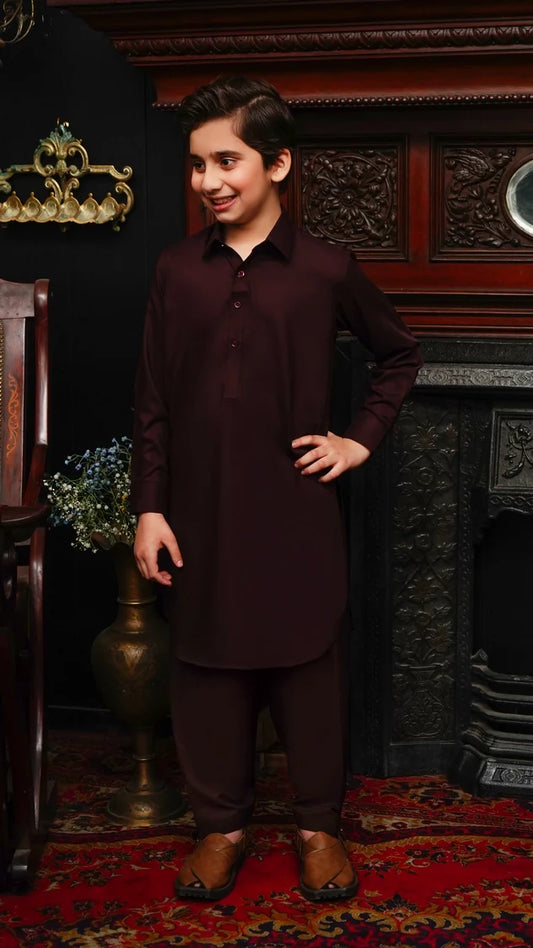 Picture of Maqsood Garments - Collar Kid's Wash & Wear Kameez Shalwar - Maroon - Available at Raja Sahib