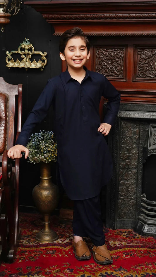 Picture of Maqsood Garments - Collar Kid's Wash & Wear Kameez Shalwar - Navy Blue - Available at Raja Sahib