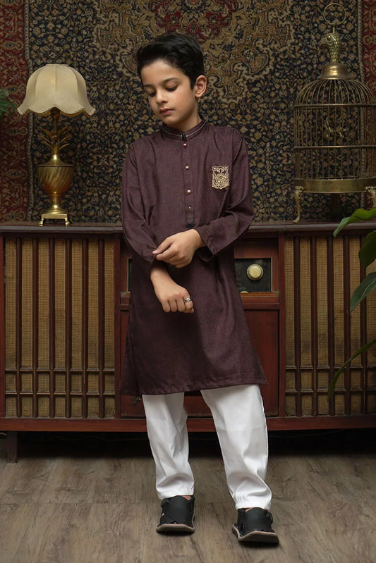 Picture of Maqsood Garments - Patched Kid's Kurta - Dark Purple - Available at Raja Sahib