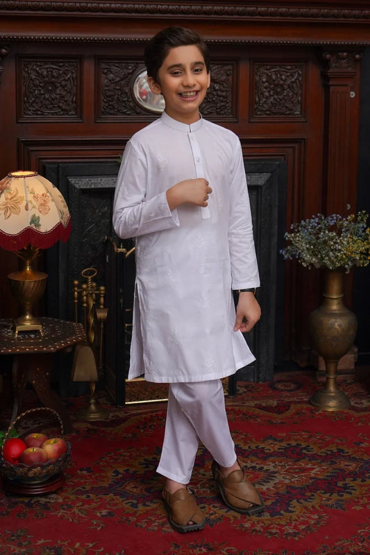 Picture of Maqsood Garments - Cotton Embroidered Kid's Kameez Shalwar - White - Available at Raja Sahib