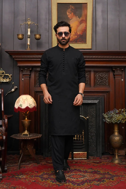 Picture of Maqsood Garments - Embroidered Wash & Wear Men's Kameez Shalwar - Black - Available at Raja Sahib