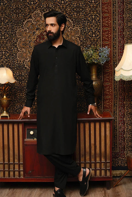 Picture of Maqsood Garments - Collar Wash & Wear Men's Shalwar Kameez - Jet Black - Available at Raja Sahib