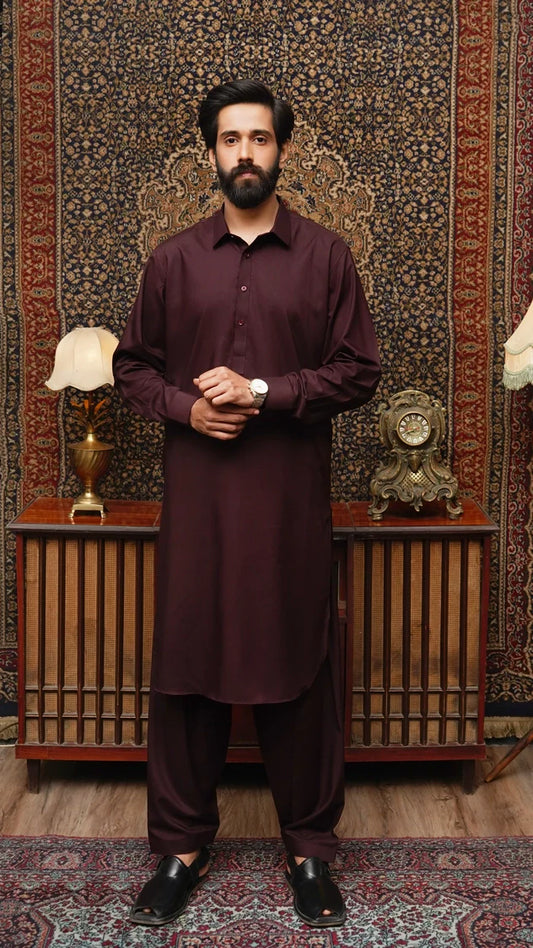 Picture of Maqsood Garments - Collar Wash & Wear Men's Shalwar Kameez - Maroon - Available at Raja Sahib