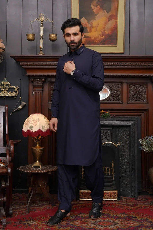 Picture of Maqsood Garments - Men's Wash & Wear Shalwar Kameez With Collar - Navy Blue - Available at Raja Sahib