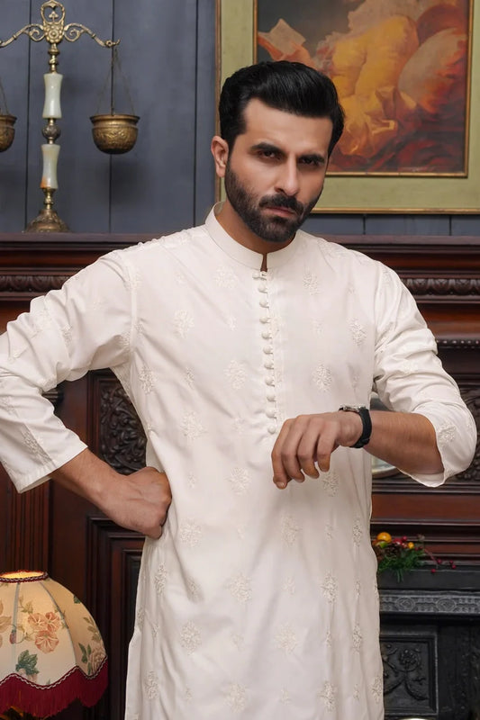 Picture of Maqsood Garments - Men's Kameez Shalwar - Boski Off White - Available at Raja Sahib
