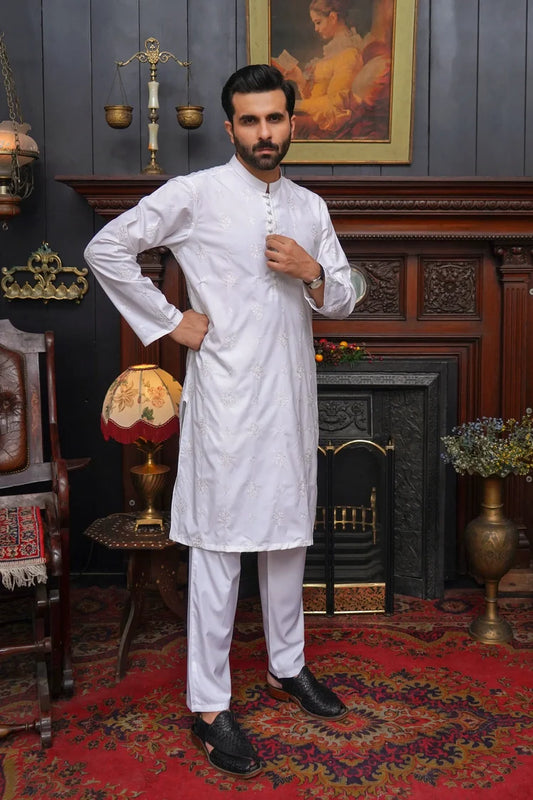 Picture of Maqsood Garments - Men's Kameez Shalwar - Boski White - Available at Raja Sahib