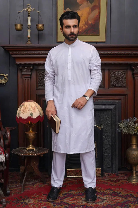 Picture of Maqsood Garments - Cotton Embroidered Men's Kameez Shalwar - White - Available at Raja Sahib