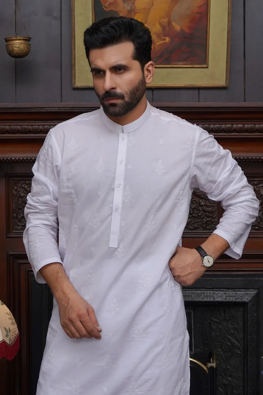 Picture of Maqsood Garments - Cotton Embroidered Men's Kameez Shalwar - White - Available at Raja Sahib