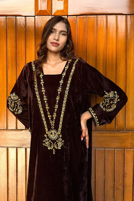 Picture of Ombrella - Velvet collection - Kaftan Chocolate Brown - Available at Raja Sahib