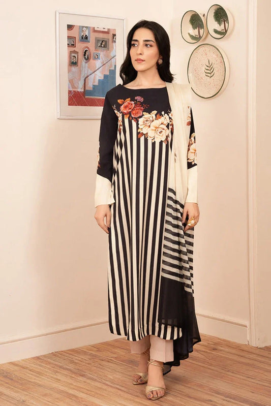 Picture of Stitch Vibes - Morganite RTW Collection - 3 PC - Black Striped Dress - Available at Raja Sahib