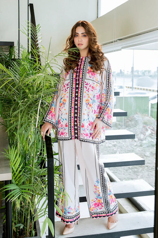 Picture of Ellena - Ivory Water Floral Fusion Print Co-Ord Set - Available at Raja Sahib