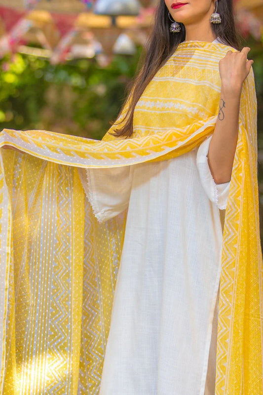 Picture of Zeek - Ivory Suit With Chiffon Dupatta - Set Of Three - D2020 - Available at Raja Sahib