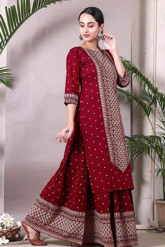 Zeek - Maroon Polka Printed Kurta With Maroon Skirt - D2022