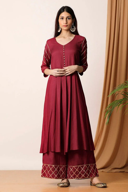Picture of Zeek - Maroon Gota Kurta And Palazzo - D208 - Available at Raja Sahib