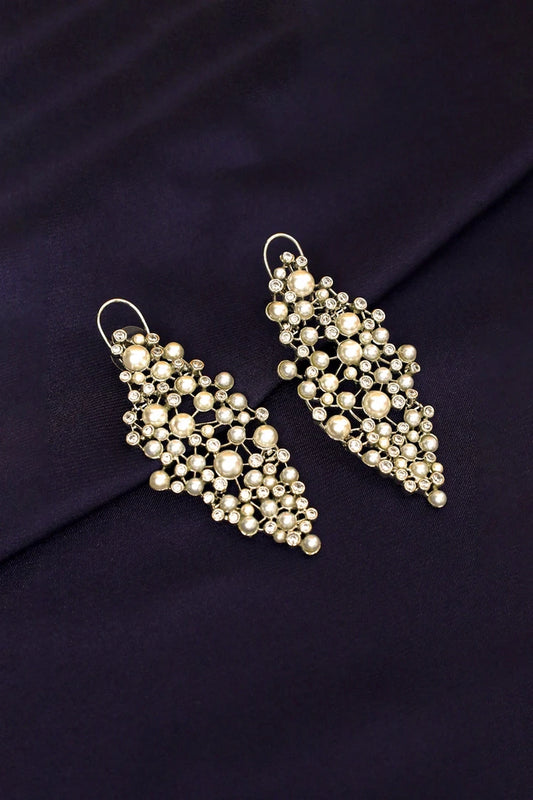 Picture of Zehnaz - Pearl Drop Earrings Silver-Toned Vine Cluster with Rhinestone Accents - Available at Raja Sahib