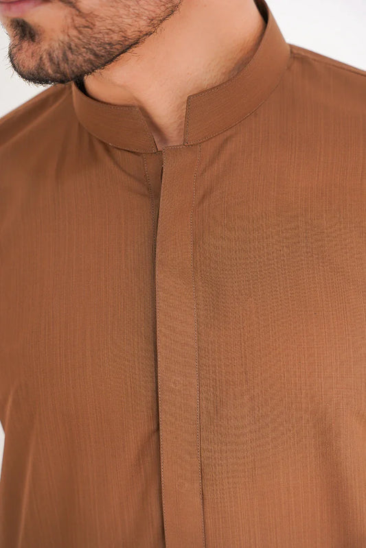 Picture of Tan Brown Blended Stitched Suit with Band Collar and Full Sleeves - Available at Raja Sahib