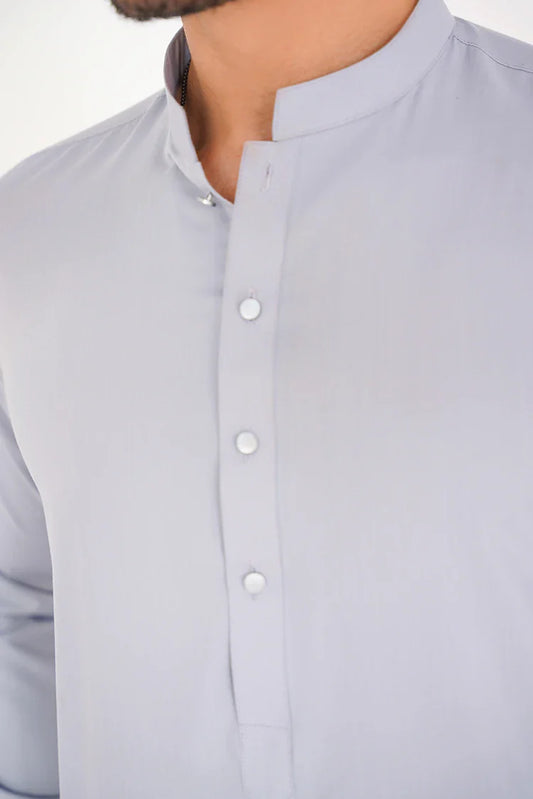 Picture of Light Grey Blended Stitched Dress with Band Collar - Available at Raja Sahib