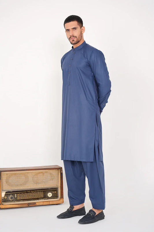 Picture of Royal Blue Stylish Blended 2 Pc Dress with Band Collar - Available at Raja Sahib