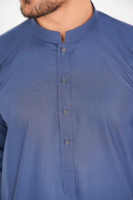 Picture of Royal Blue Stylish Blended 2 Pc Dress with Band Collar - Available at Raja Sahib