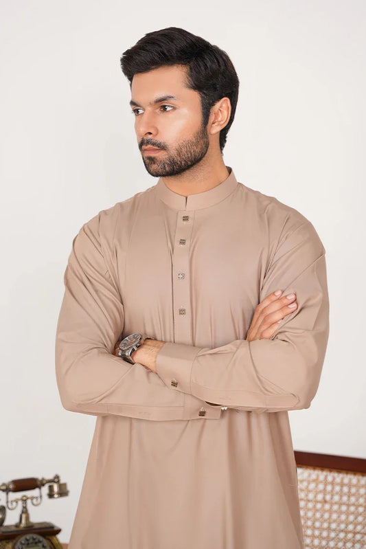 Picture of Khaki Blended Dress with Band Collar and Buttoned Placket - Available at Raja Sahib