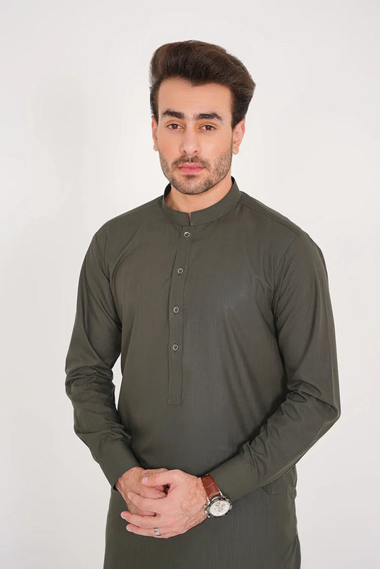 Picture of Olive Green Suit for Men Blended Fabric, Band Collar - Available at Raja Sahib
